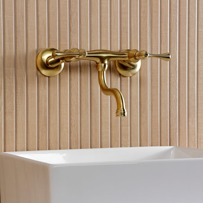 Kingston Tulare KS2117BL - Kingston Double-Handle 2-Hole Wall Mount Bathroom Faucet, Brushed Brass