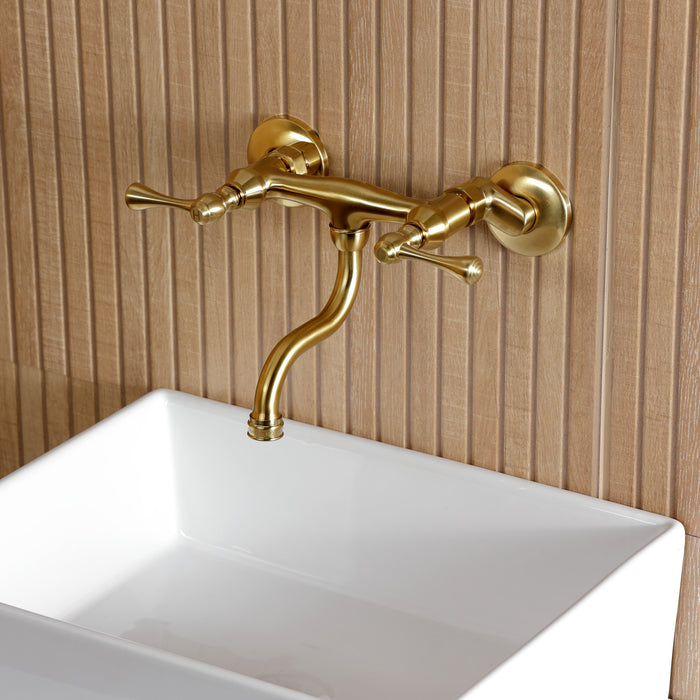 Kingston Tulare KS2117BL - Kingston Double-Handle 2-Hole Wall Mount Bathroom Faucet, Brushed Brass