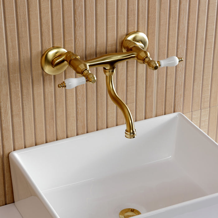 Kingston Heirloom KS2117PL - Kingston Double-Handle 2-Hole Wall Mount Bathroom Faucet, Brushed Brass