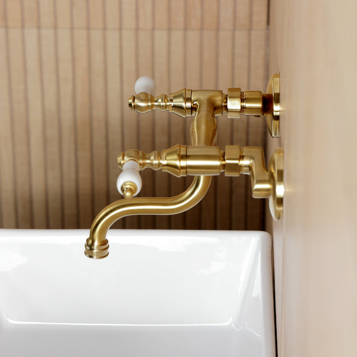 Kingston Heirloom KS2117PL - Kingston Double-Handle 2-Hole Wall Mount Bathroom Faucet, Brushed Brass