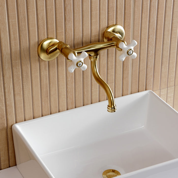 Kingston Heirloom KS2117PX - Kingston Double-Handle 2-Hole Wall Mount Bathroom Faucet, Brushed Brass