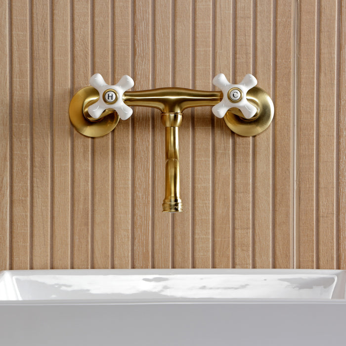 Kingston Heirloom KS2117PX - Kingston Double-Handle 2-Hole Wall Mount Bathroom Faucet, Brushed Brass