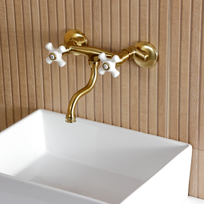 Kingston Heirloom KS2117PX - Kingston Double-Handle 2-Hole Wall Mount Bathroom Faucet, Brushed Brass