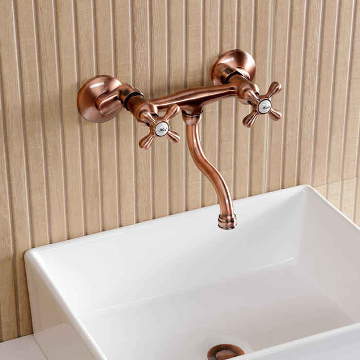 Kingston Heirloom KS211AXAC - Kingston Double-Handle 2-Hole Wall Mount Bathroom Faucet, Antique Copper