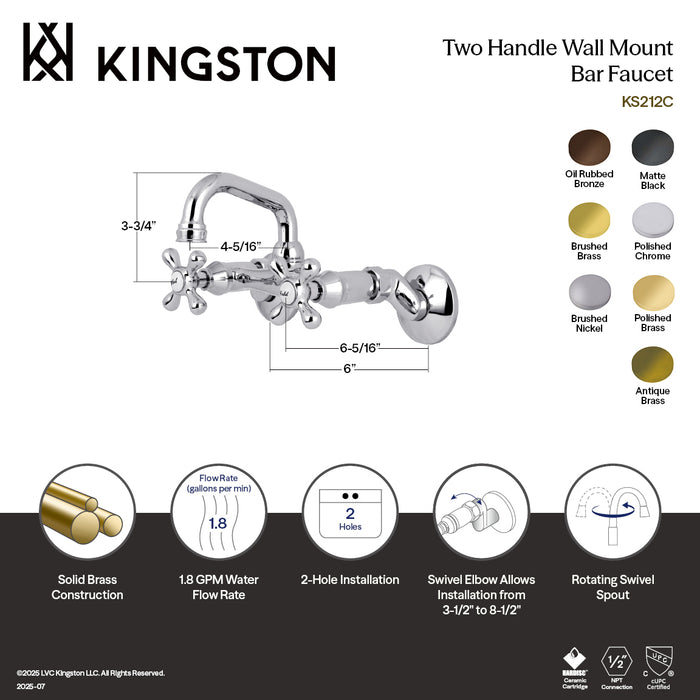 Kingston Heirloom KS212AB - Kingston Two-Handle 2-Hole Wall Mount Bar Faucet, Antique Brass