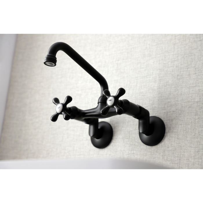 Kingston Heirloom KS213MB - Kingston Two-Handle 2-Hole Wall Mount Bridge Kitchen Faucet, Matte Black