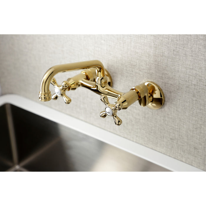 Kingston Heirloom KS213PB - Kingston Two-Handle 2-Hole Wall Mount Bridge Kitchen Faucet, Polished Brass