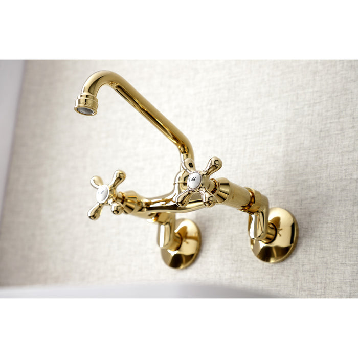 Kingston Heirloom KS213PB - Kingston Two-Handle 2-Hole Wall Mount Bridge Kitchen Faucet, Polished Brass