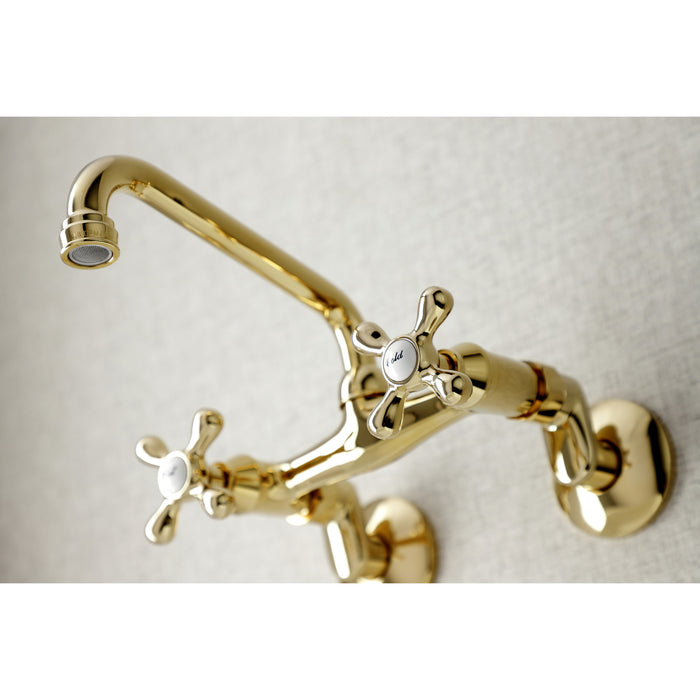 Kingston Heirloom KS213PB - Kingston Two-Handle 2-Hole Wall Mount Bridge Kitchen Faucet, Polished Brass