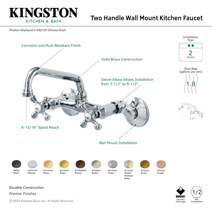 Kingston Heirloom KS213SN - Kingston Two-Handle 2-Hole Wall Mount Bridge Kitchen Faucet, Brushed Nickel