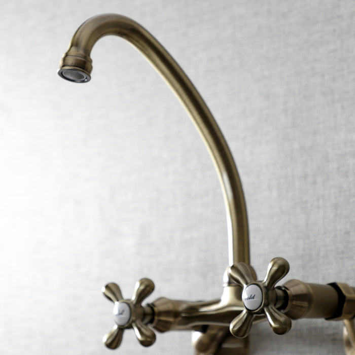 Kingston Heirloom KS214AB - Kingston Two-Handle 2-Hole Wall Mount Bridge Kitchen Faucet, Antique Brass