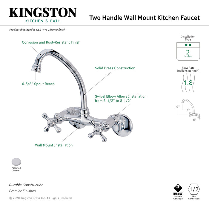 Kingston Heirloom KS214M - Kingston Two-Handle 2-Hole Wall Mount Bridge Kitchen Faucet, Polished Chrome