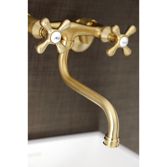 Kingston Heirloom KS216SB - Kingston Double-Handle 2-Hole Wall Mount Bathroom Faucet, Brushed Brass