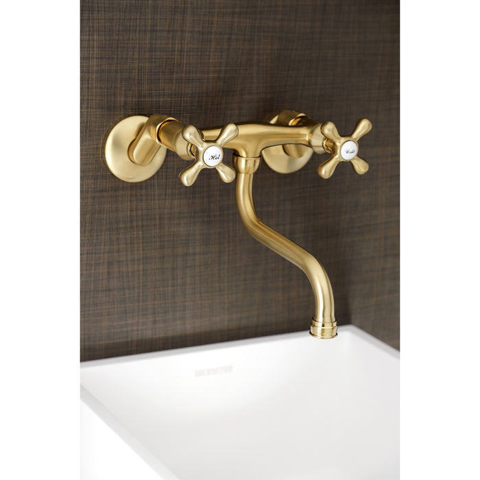 Kingston Heirloom KS216SB - Kingston Double-Handle 2-Hole Wall Mount Bathroom Faucet, Brushed Brass