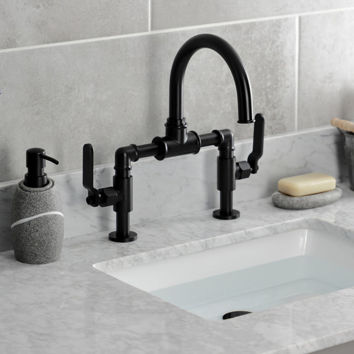 Kingston Sona KS2170KL - Whitaker Two-Handle 2-Hole Deck Mount Bridge Bathroom Faucet with Push Pop-Up Drain, Matte Black