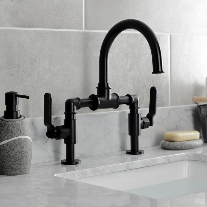 Kingston Sona KS2170KL - Whitaker Two-Handle 2-Hole Deck Mount Bridge Bathroom Faucet with Push Pop-Up Drain, Matte Black