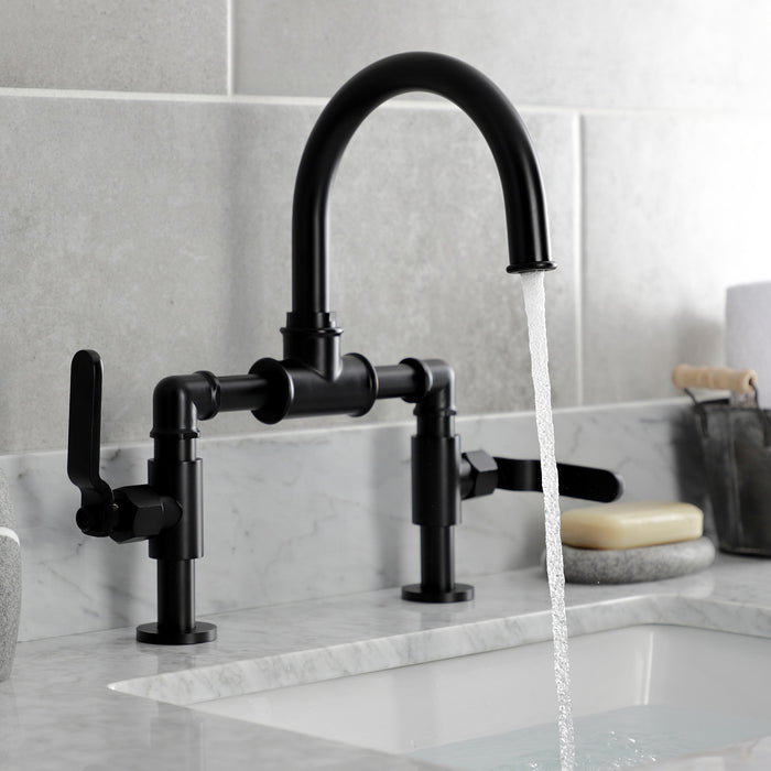 Kingston Sona KS2170KL - Whitaker Two-Handle 2-Hole Deck Mount Bridge Bathroom Faucet with Push Pop-Up Drain, Matte Black