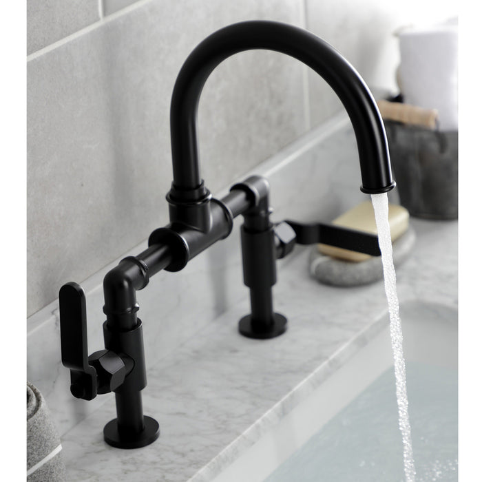 Kingston Sona KS2170KL - Whitaker Two-Handle 2-Hole Deck Mount Bridge Bathroom Faucet with Push Pop-Up Drain, Matte Black