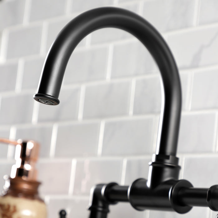 Kingston Sona KS2170RKX - Webb Two-Handle 2-Hole Deck Mount Bridge Bathroom Faucet with Knurled Handle and Push Pop-Up Drain, Matte Black