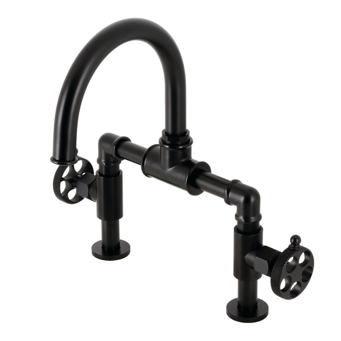 Kingston Sona KS2170RKX - Webb Two-Handle 2-Hole Deck Mount Bridge Bathroom Faucet with Knurled Handle and Push Pop-Up Drain, Matte Black