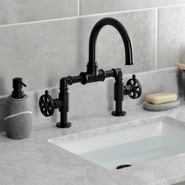 Kingston Sona KS2170RX - Belknap Two-Handle 2-Hole Deck Mount Bridge Bathroom Faucet with Push Pop-Up Drain, Matte Black