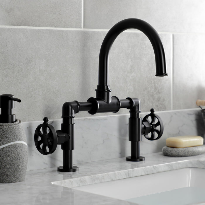 Kingston Sona KS2170RX - Belknap Two-Handle 2-Hole Deck Mount Bridge Bathroom Faucet with Push Pop-Up Drain, Matte Black