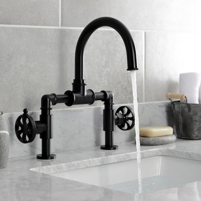 Kingston Sona KS2170RX - Belknap Two-Handle 2-Hole Deck Mount Bridge Bathroom Faucet with Push Pop-Up Drain, Matte Black