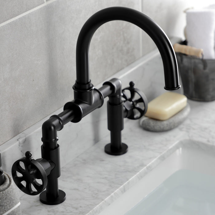Kingston Sona KS2170RX - Belknap Two-Handle 2-Hole Deck Mount Bridge Bathroom Faucet with Push Pop-Up Drain, Matte Black
