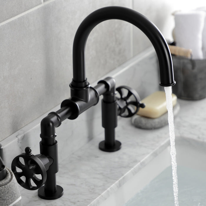 Kingston Sona KS2170RX - Belknap Two-Handle 2-Hole Deck Mount Bridge Bathroom Faucet with Push Pop-Up Drain, Matte Black
