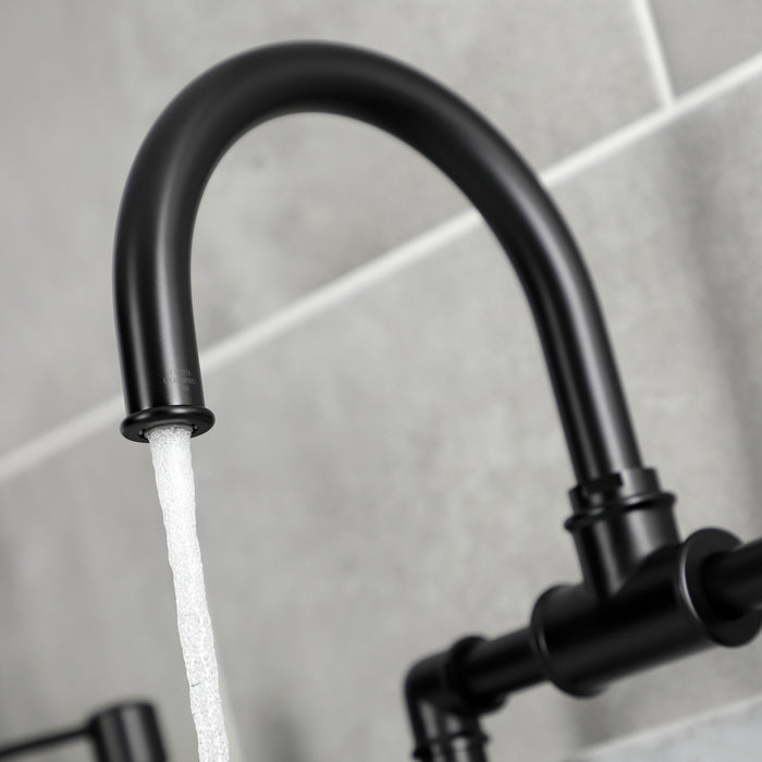 Kingston Sona KS2170RX - Belknap Two-Handle 2-Hole Deck Mount Bridge Bathroom Faucet with Push Pop-Up Drain, Matte Black