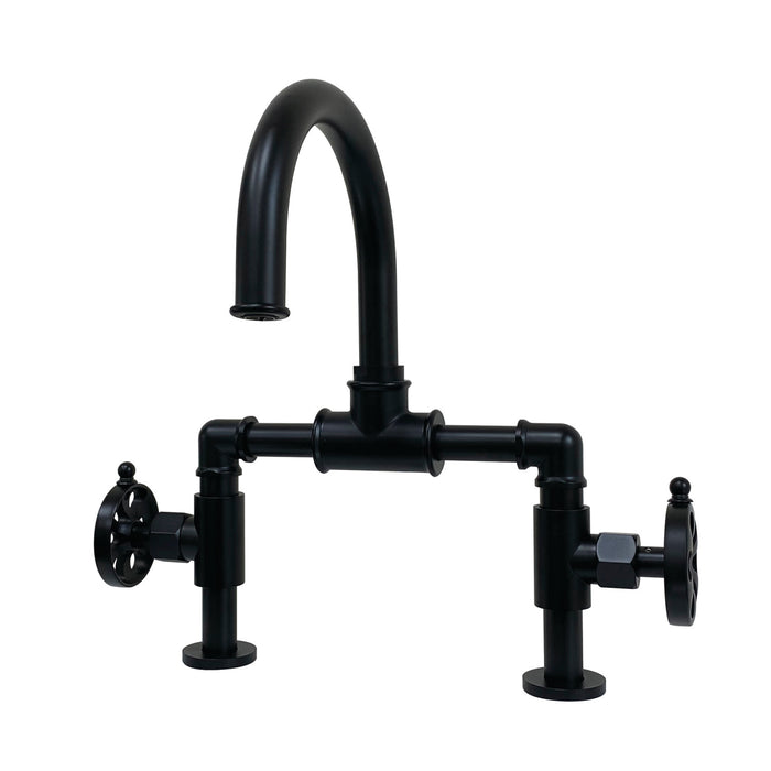 Kingston Sona KS2170RX - Belknap Two-Handle 2-Hole Deck Mount Bridge Bathroom Faucet with Push Pop-Up Drain, Matte Black
