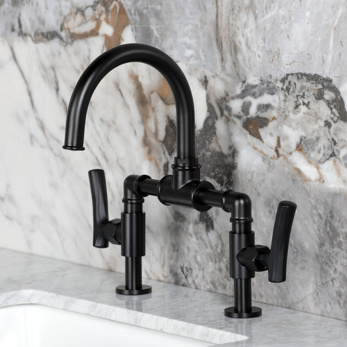 Kingston Sona KS2170TKL - Hallerbos Two-Handle 4-Hole Deck Mount Bridge Bathroom Faucet with Push Pop-Up Drain, Matte Black