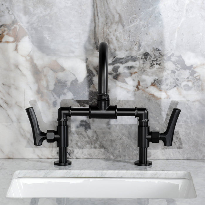 Kingston Sona KS2170TKL - Hallerbos Two-Handle 4-Hole Deck Mount Bridge Bathroom Faucet with Push Pop-Up Drain, Matte Black