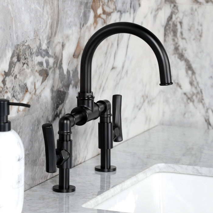 Kingston Sona KS2170TKL - Hallerbos Two-Handle 4-Hole Deck Mount Bridge Bathroom Faucet with Push Pop-Up Drain, Matte Black