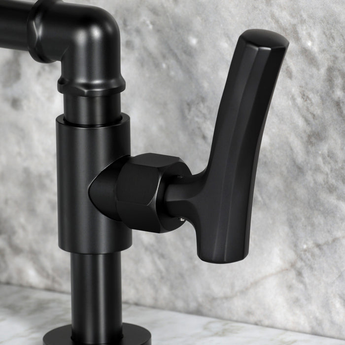 Kingston Sona KS2170TKL - Hallerbos Two-Handle 4-Hole Deck Mount Bridge Bathroom Faucet with Push Pop-Up Drain, Matte Black
