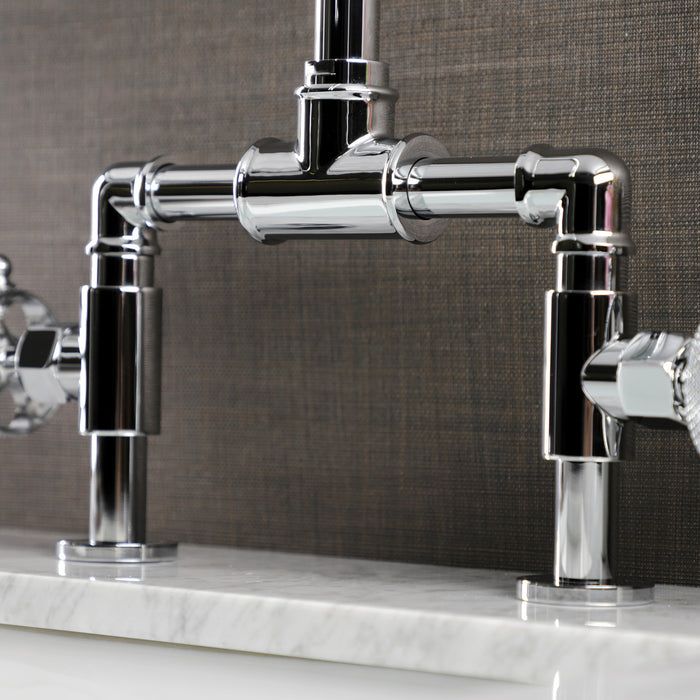 Kingston Sona KS2171RKX - Webb Two-Handle 2-Hole Deck Mount Bridge Bathroom Faucet with Knurled Handle and Push Pop-Up Drain, Polished Chrome
