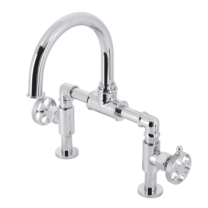 Kingston Sona KS2171RKX - Webb Two-Handle 2-Hole Deck Mount Bridge Bathroom Faucet with Knurled Handle and Push Pop-Up Drain, Polished Chrome
