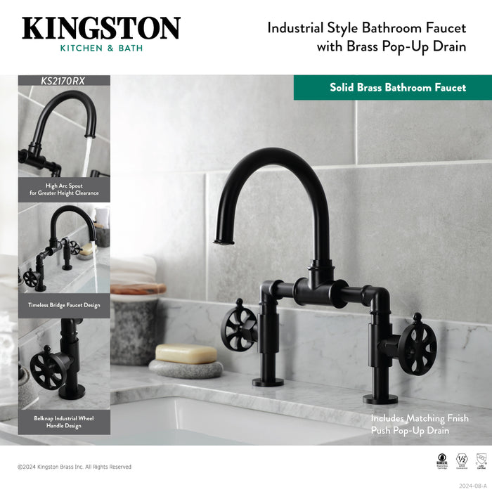 Kingston Sona KS2171RX - Belknap Two-Handle 2-Hole Deck Mount Bridge Bathroom Faucet with Push Pop-Up Drain, Polished Chrome
