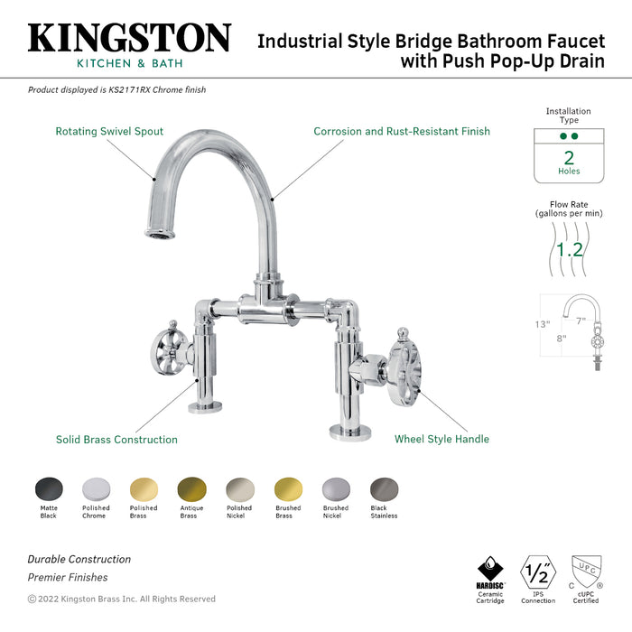Kingston Sona KS2171RX - Belknap Two-Handle 2-Hole Deck Mount Bridge Bathroom Faucet with Push Pop-Up Drain, Polished Chrome