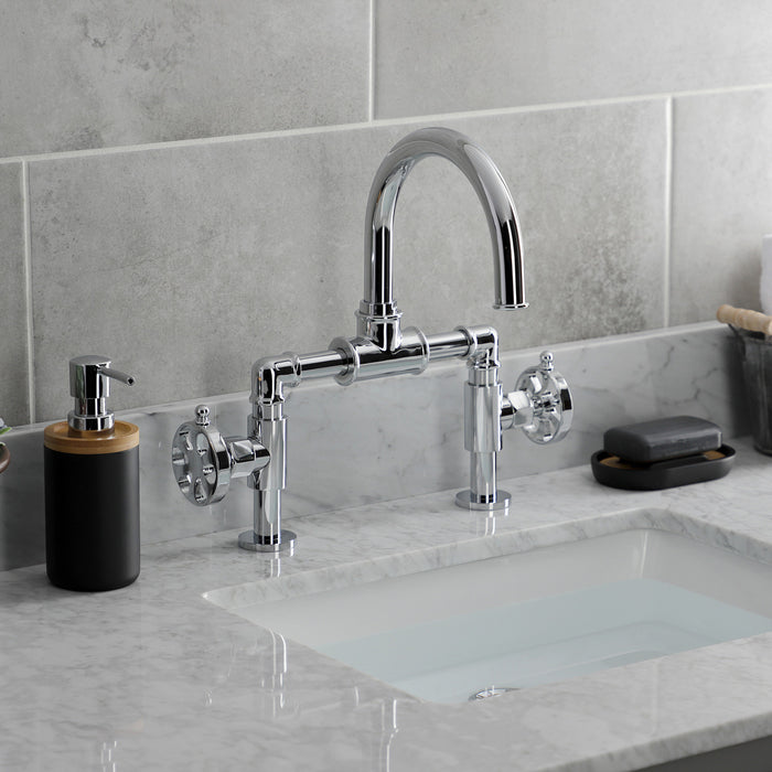 Kingston Sona KS2171RX - Belknap Two-Handle 2-Hole Deck Mount Bridge Bathroom Faucet with Push Pop-Up Drain, Polished Chrome