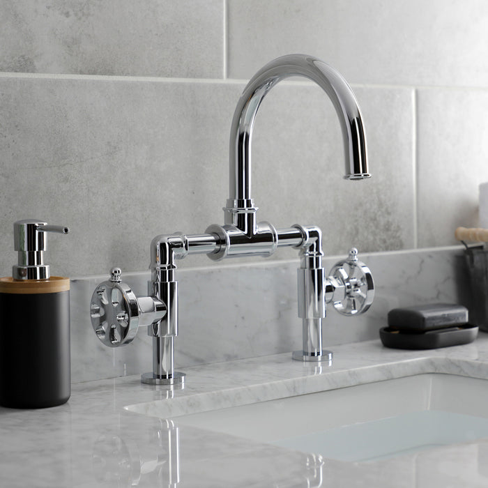 Kingston Sona KS2171RX - Belknap Two-Handle 2-Hole Deck Mount Bridge Bathroom Faucet with Push Pop-Up Drain, Polished Chrome