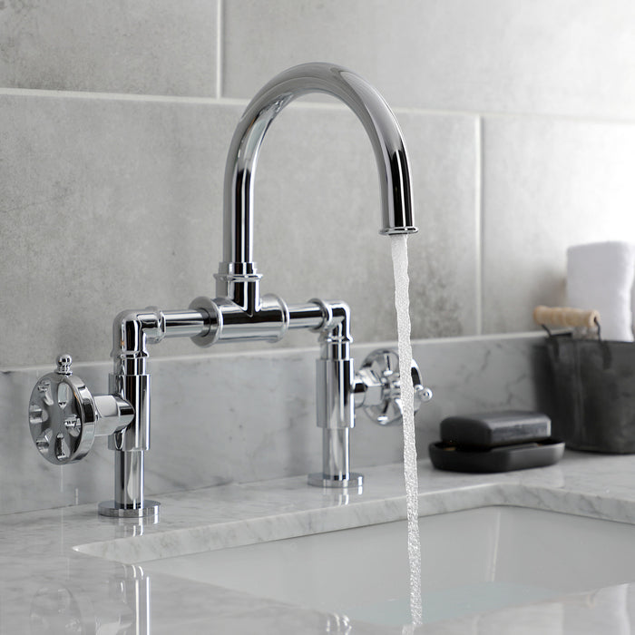 Kingston Sona KS2171RX - Belknap Two-Handle 2-Hole Deck Mount Bridge Bathroom Faucet with Push Pop-Up Drain, Polished Chrome