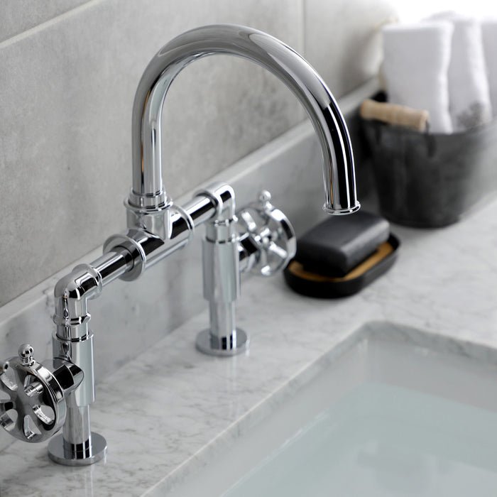 Kingston Sona KS2171RX - Belknap Two-Handle 2-Hole Deck Mount Bridge Bathroom Faucet with Push Pop-Up Drain, Polished Chrome