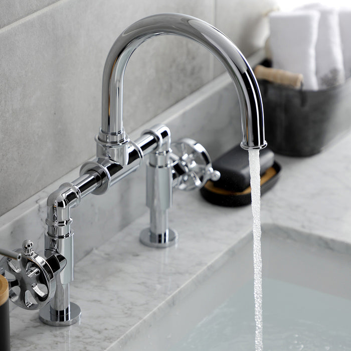 Kingston Sona KS2171RX - Belknap Two-Handle 2-Hole Deck Mount Bridge Bathroom Faucet with Push Pop-Up Drain, Polished Chrome