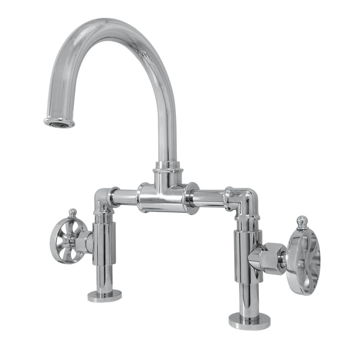 Kingston Sona KS2171RX - Belknap Two-Handle 2-Hole Deck Mount Bridge Bathroom Faucet with Push Pop-Up Drain, Polished Chrome