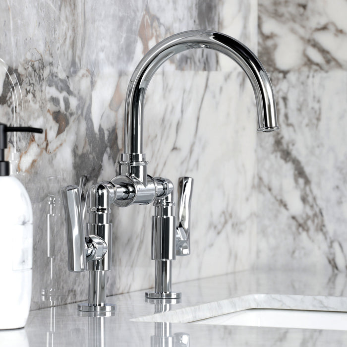 Hallerbos KS2171TKL Two-Handle 4-Hole Deck Mount Bridge Bathroom Faucet with Push Pop-Up Drain, Polished Chrome