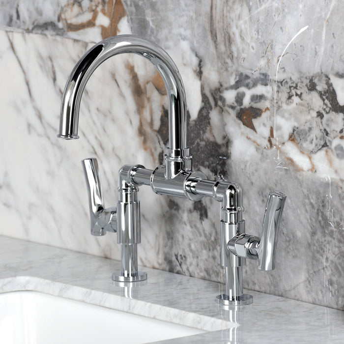 Hallerbos KS2171TKL Two-Handle 4-Hole Deck Mount Bridge Bathroom Faucet with Push Pop-Up Drain, Polished Chrome