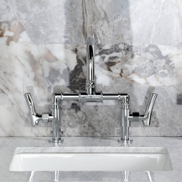 Hallerbos KS2171TKL Two-Handle 4-Hole Deck Mount Bridge Bathroom Faucet with Push Pop-Up Drain, Polished Chrome