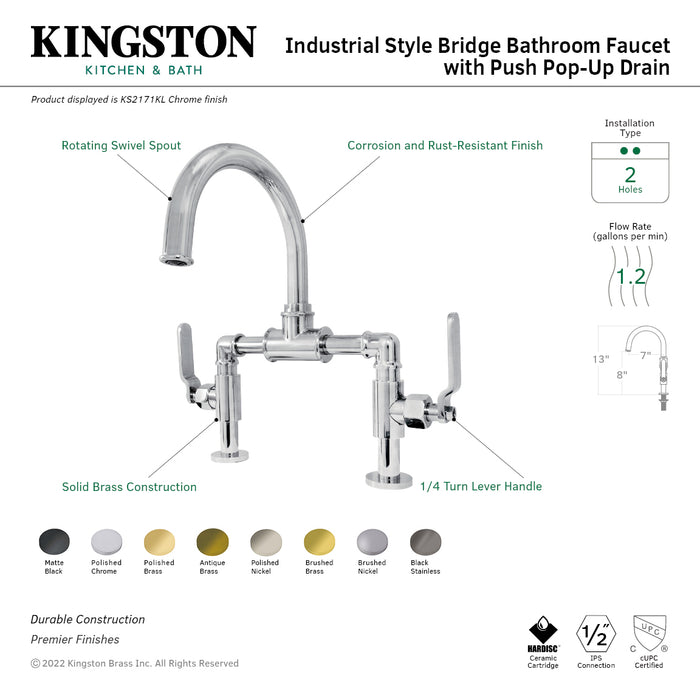 Kingston Sona KS2172KL - Whitaker Two-Handle 2-Hole Deck Mount Bridge Bathroom Faucet with Push Pop-Up Drain, Polished Brass