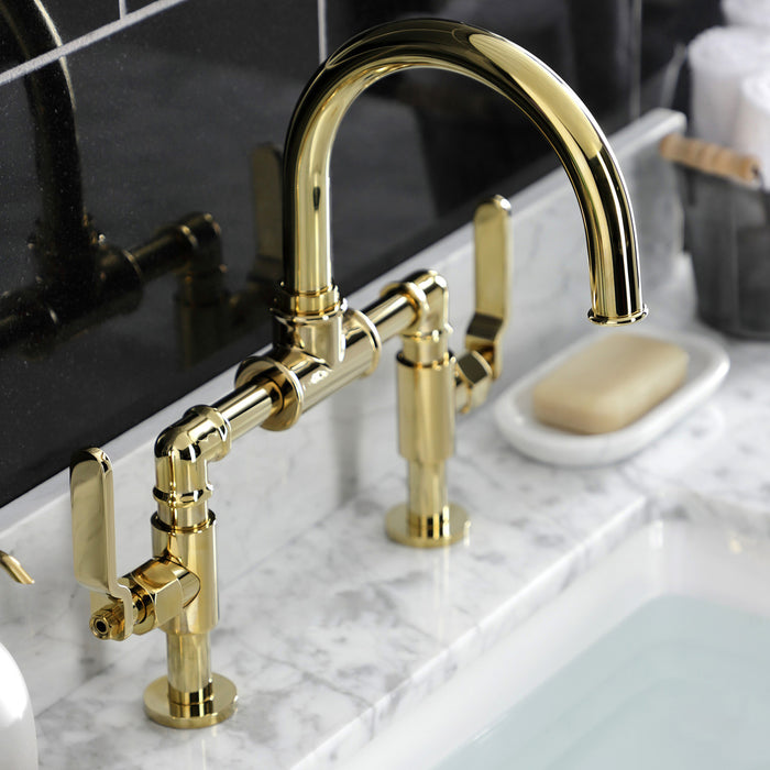 Kingston Sona KS2172KL - Whitaker Two-Handle 2-Hole Deck Mount Bridge Bathroom Faucet with Push Pop-Up Drain, Polished Brass